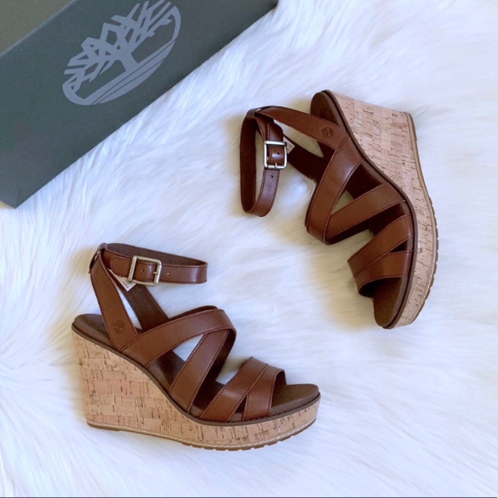 Timberland Danforth Brown Leather Wedge Sandals - Picture 1 of 6